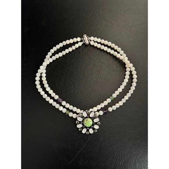 Stunning 925 Vintage Double Strand Flower Stones Necklace - Picture 5 of 9